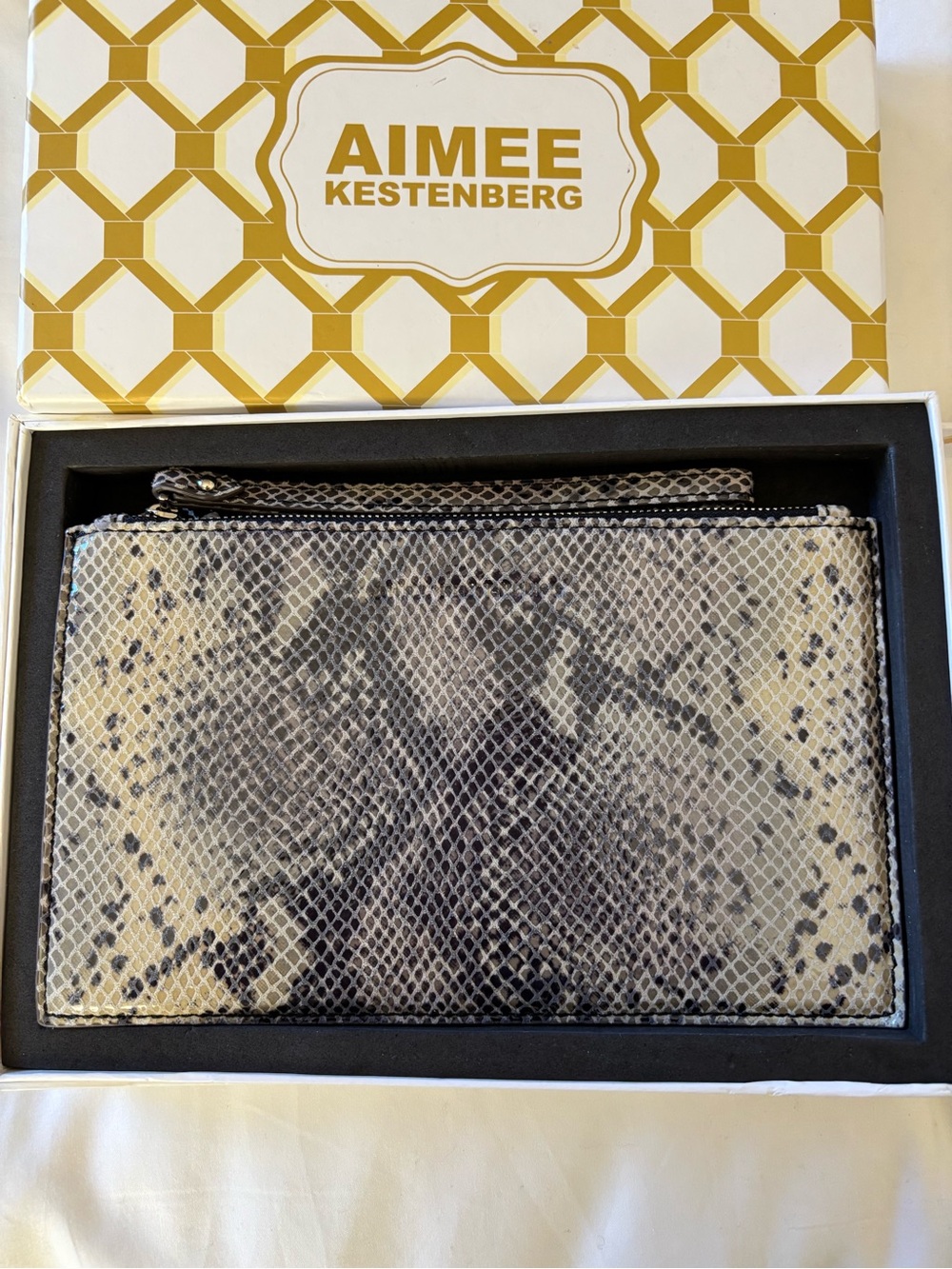 Aimee Kestenberg Gray and Cream soft Snake-Print Leather Wristlet Card Holder